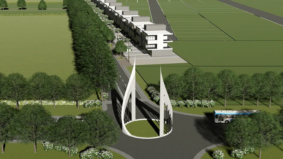 Rendered aerial of the entrance gate: two white curved blades over the road, a bus and row houses beyond
