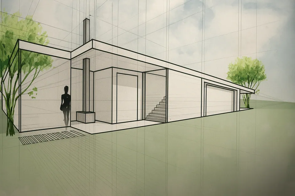Perspective sketch of a minimalist single-storey building with a flat roof and steps to the entrance, a human silhouette for scale and trees on either side, over perspective grid lines with a green watercolour wash