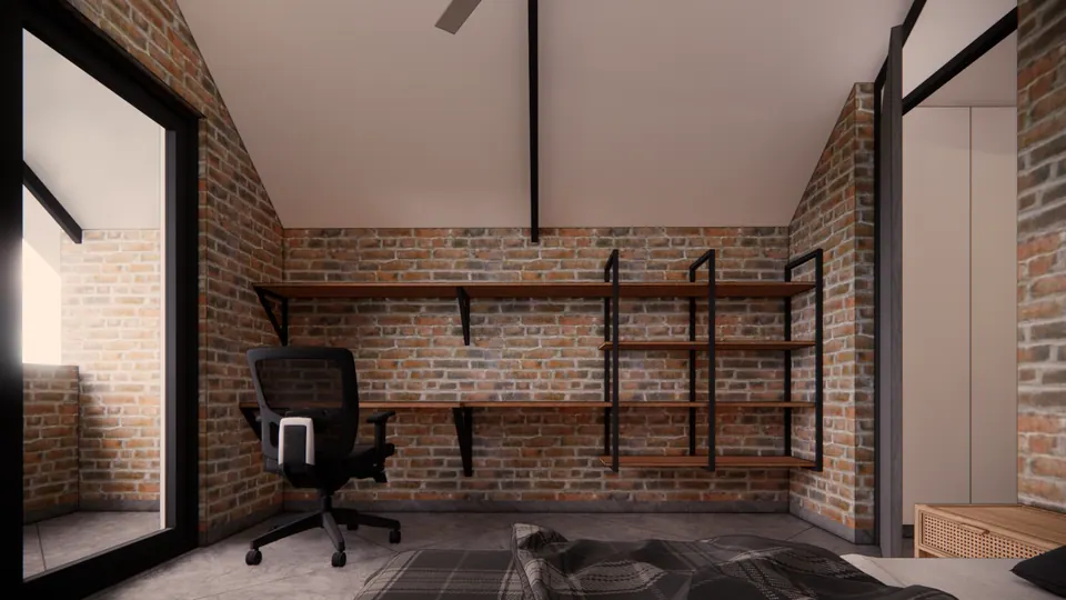 Rendered attic room with a desk and office chair, steel-framed shelving on a brick wall and a glazed door