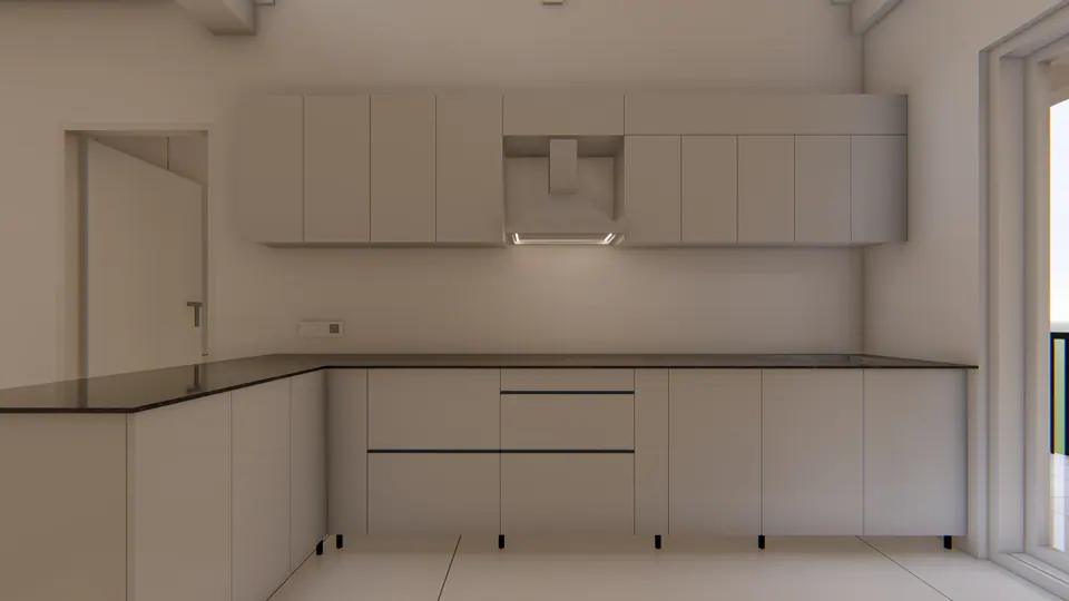 Rendered kitchen with white handleless cabinets, a dark worktop and a chimney hood