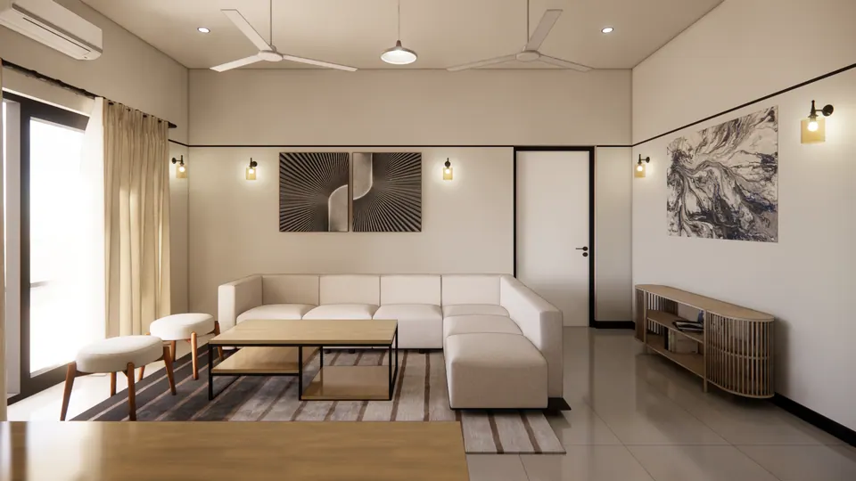 Rendered living room: a cream L-shaped sofa under a two-panel artwork, a timber coffee table, two stools and a slatted timber console