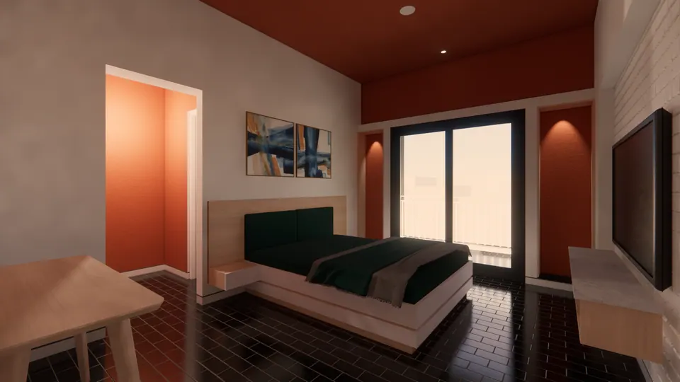 Rendered bedroom with terracotta niches and ceiling, a dark green bed and a glazed door to a balcony