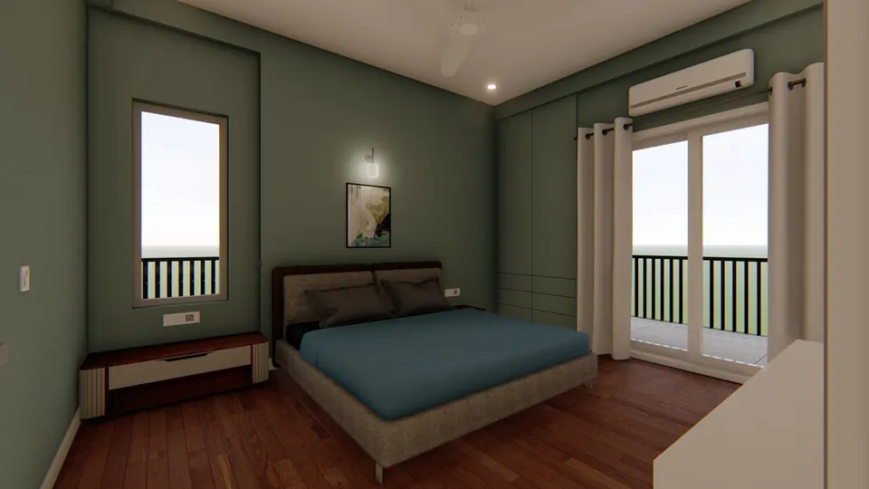 Rendered sage-green bedroom with a timber floor, a double bed and glazed doors to a balcony