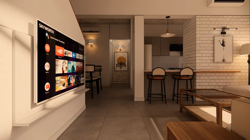 Rendered living room: a wall-mounted TV on a white wall, a timber coffee table and a breakfast counter with bar stools beyond