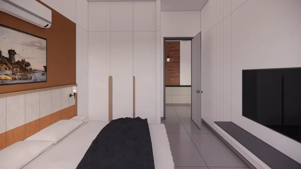 Rendered bedroom with tall white wardrobes, a television and a rust-brown wall with a painting