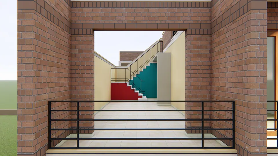 Rendered view from a railed balcony through a brick-framed opening to a terrace with a red and teal painted stair