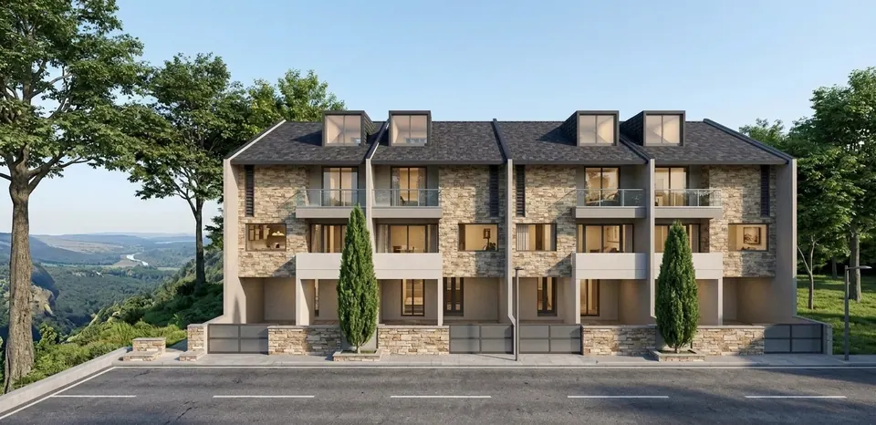 Rendered front of a terrace of four three-storey houses: stone-clad bays, balconies, roof dormers and cypress trees on a hill road