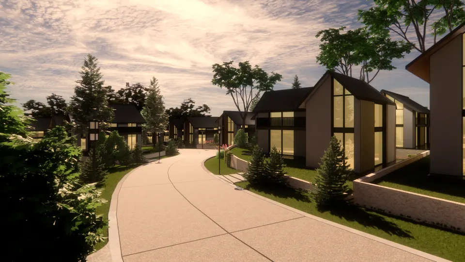 Rendered road curving past raised plots with gabled houses and tall glazed gables