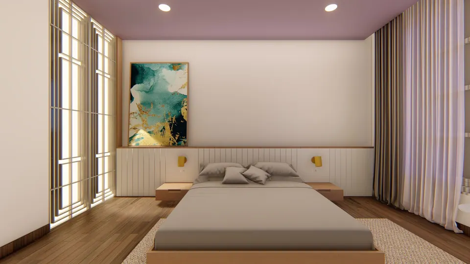 Rendered bedroom: a lilac ceiling, a low bed with a white panelled headboard, a teal and gold painting and glazed screens