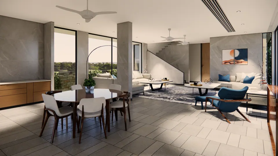 Rendered dining area with a dark round table and white chairs, a sitting area beyond and a stair clad in grey stone