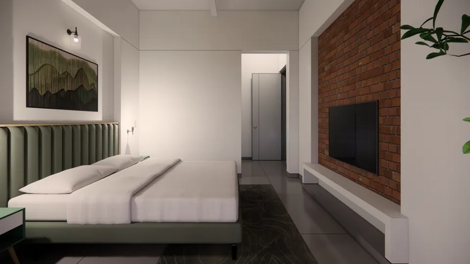 Rendered bedroom with a green bed facing a brick wall with a television, a landscape artwork above the bed