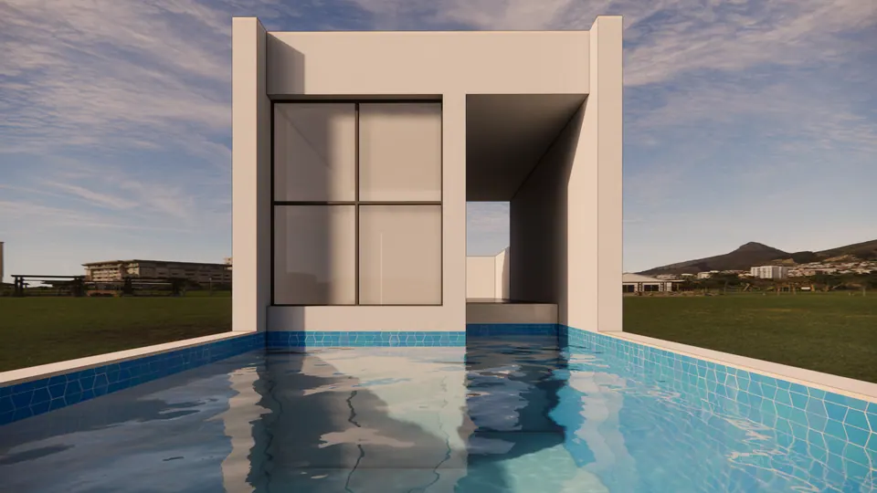 Rendered rooftop pool in the foreground with the stair-head room and its large window behind