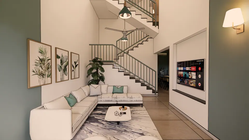 Rendered living room beneath the stair: botanical prints on a sage wall, a white sectional sofa and a TV wall