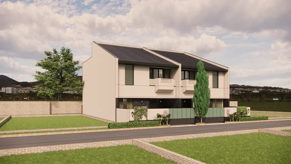 Rendered oblique view of the paired units: asymmetric pitched metal roofs, a blank gable wall, green gates and lawns along the road