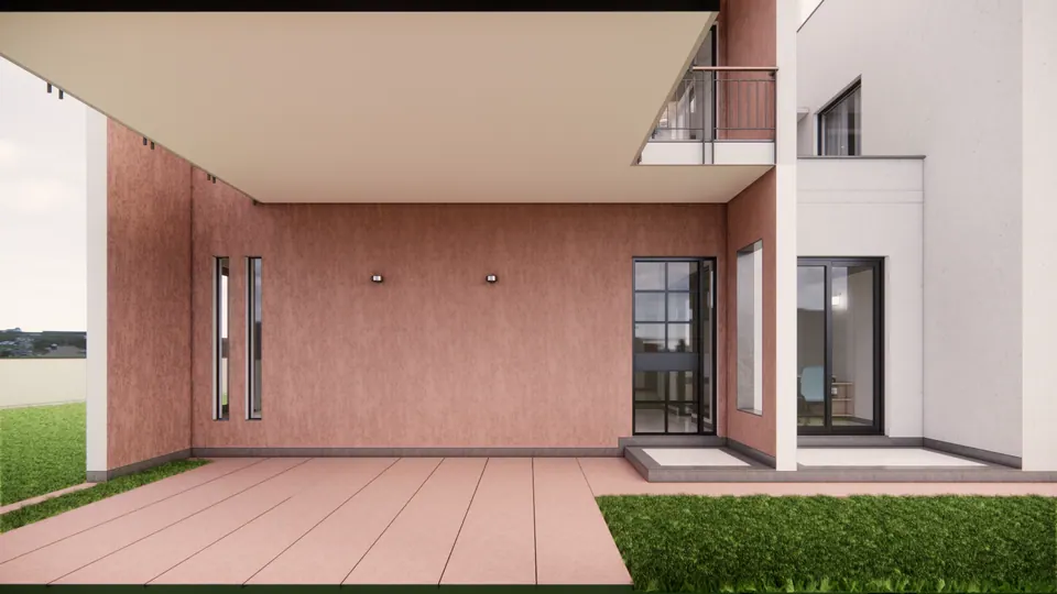 Rendered covered terrace beneath a cantilevered slab, with a terracotta wall, slit windows and glazed doors to the lawn