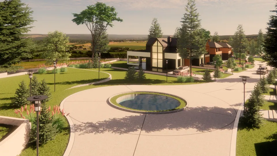 Rendered circular pond at a junction, with lamp posts, lawns and houses on the slope