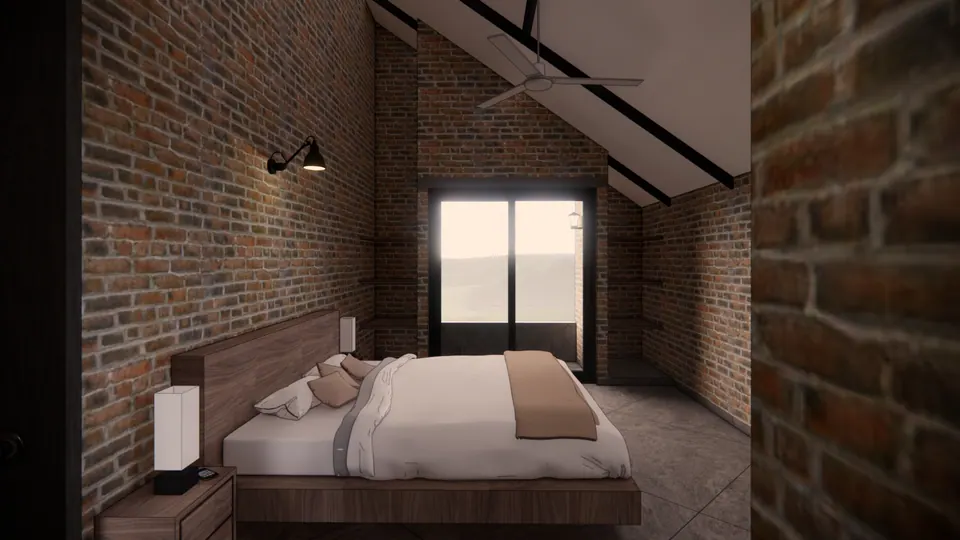 Rendered attic bedroom with a timber headboard, a bedside lamp and a glazed door under sloping beams