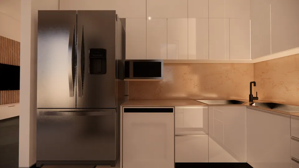 Rendered kitchen with a double-door fridge, white cabinets and a beige stone splashback