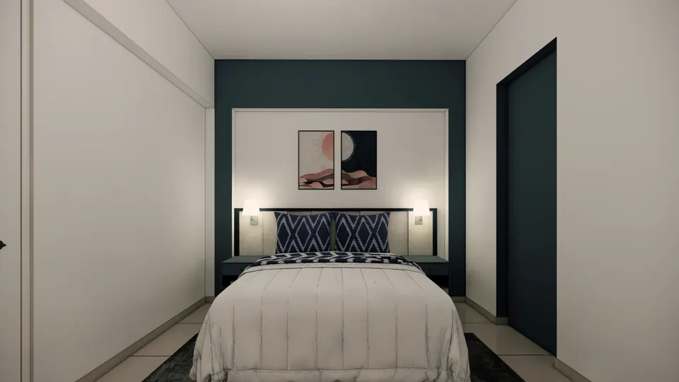 Rendered second bedroom from the foot of the bed: a teal accent wall, moon prints and slim bedside lamps