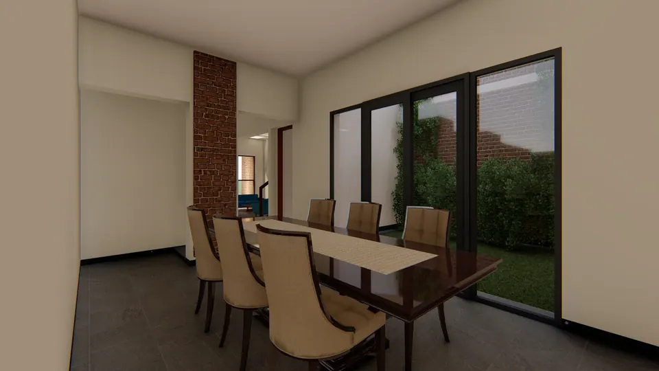 Rendered dining room with a timber table and upholstered chairs beside a brick pier and glass doors to a planted court