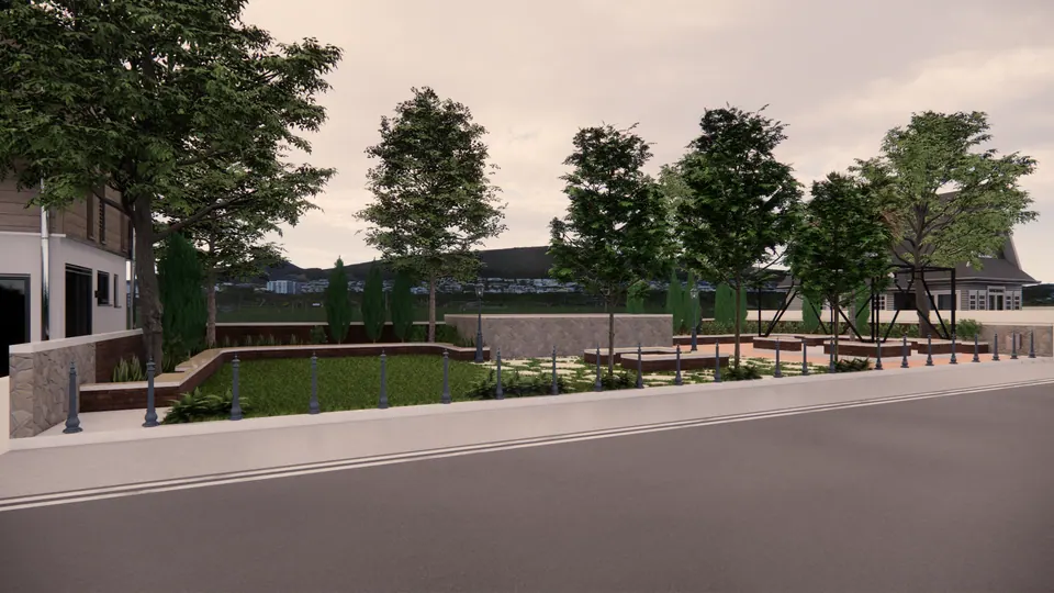 Rendered corner park at dusk with low brick walls, stepping-stone paths and trees along the road