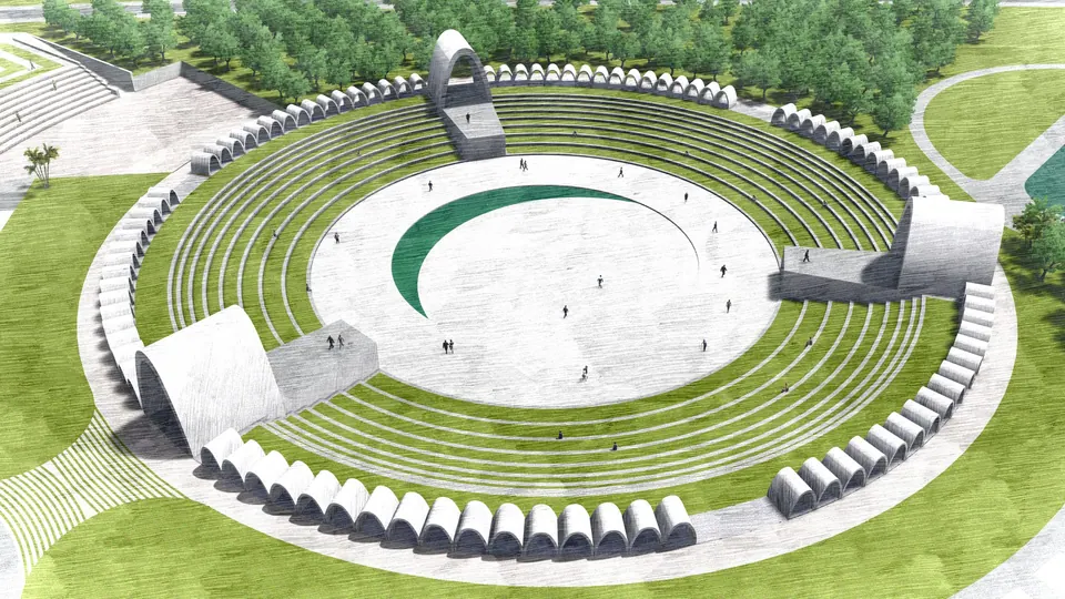 Rendered aerial of the oval amphitheatre ringed by vaulted shells and grass steps around a paved floor