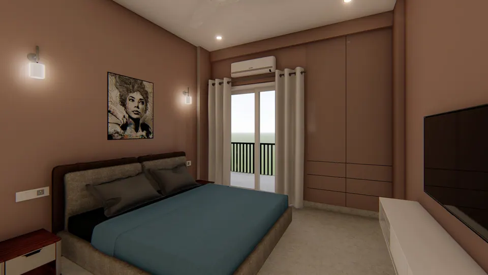 Rendered bedroom with terracotta walls, a portrait artwork above the bed and a glazed door to a balcony