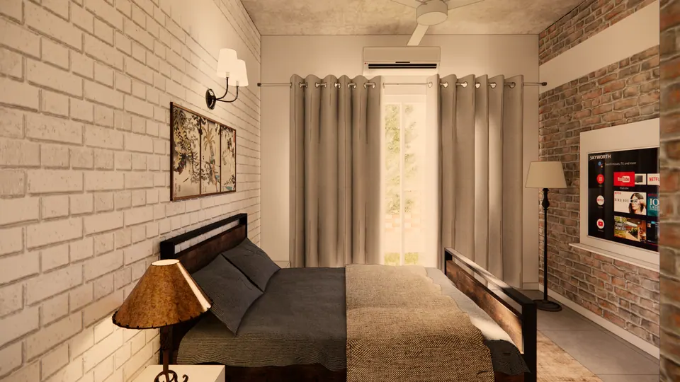 Rendered bedroom with curtained glazed doors, a dark timber bed, a botanical triptych and a TV in the brick wall