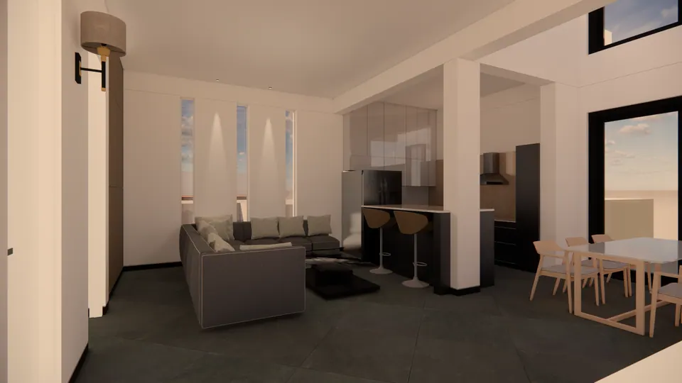 Rendered open-plan living: a grey sofa, a kitchen island with stools and a dining table, lit by narrow slit windows