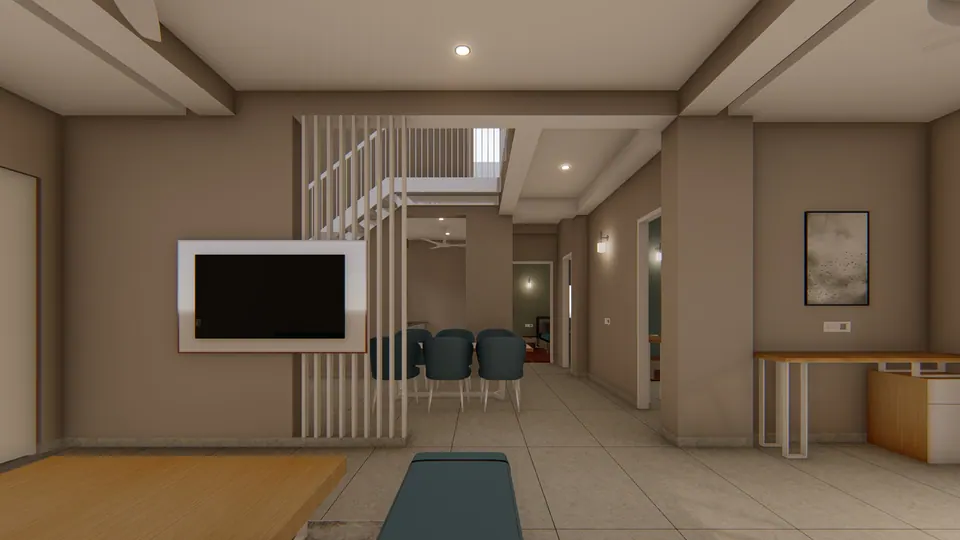 Rendered living room with a TV on a slatted screen, a dining table beyond and a study desk