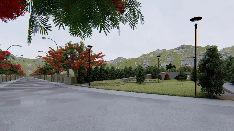 Rendered avenue lined with flowering gulmohar trees and lamp posts, hills in the distance