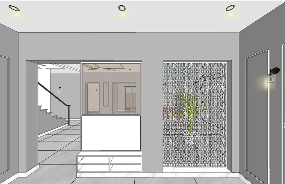 Untextured model view of a hall with a white storage unit and a patterned screen partition with a plant behind it