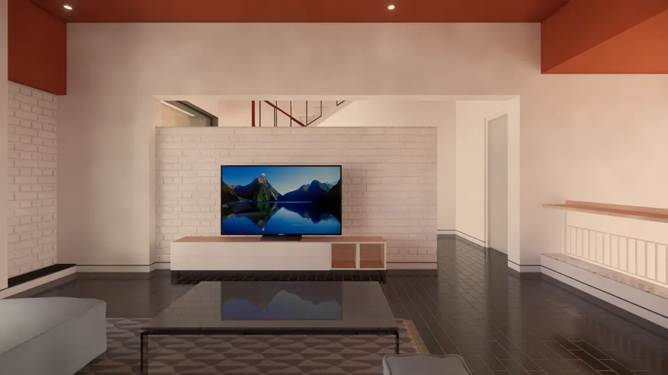 Rendered upper lounge with a white brick TV wall, a low console and a glass coffee table under a terracotta ceiling