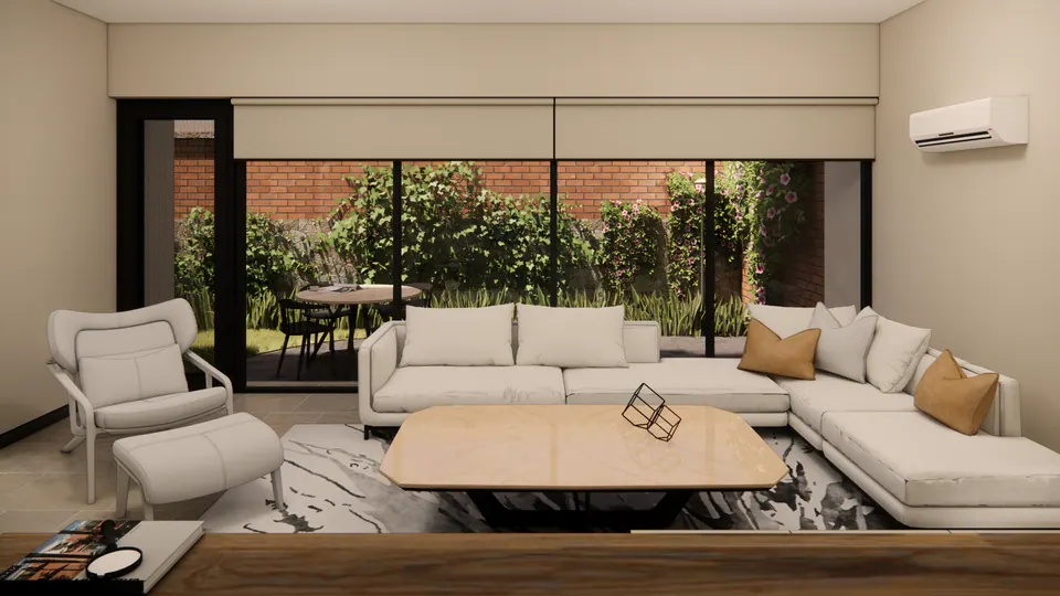 Rendered living room facing full-height glass doors onto a planted court with a brick wall and an outdoor table