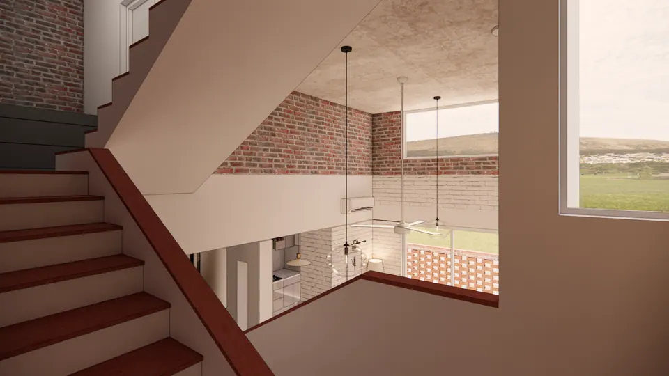 Rendered stair with red-oxide treads looking down into a double-height living room with a brick wall and pendant lamps