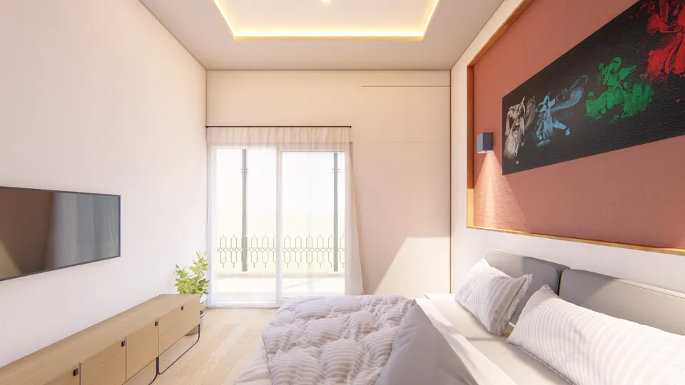 Rendered bedroom with a terracotta feature wall, a long abstract painting above the bed and a TV console