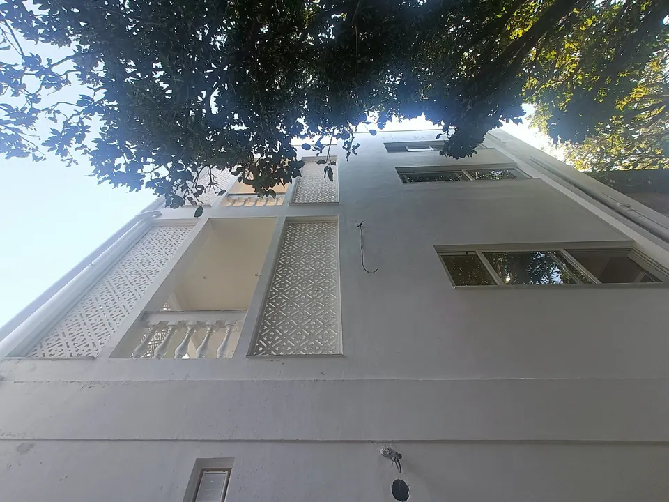 Looking up the white side facade: jali screen panels flank a balustraded balcony beneath a tree canopy