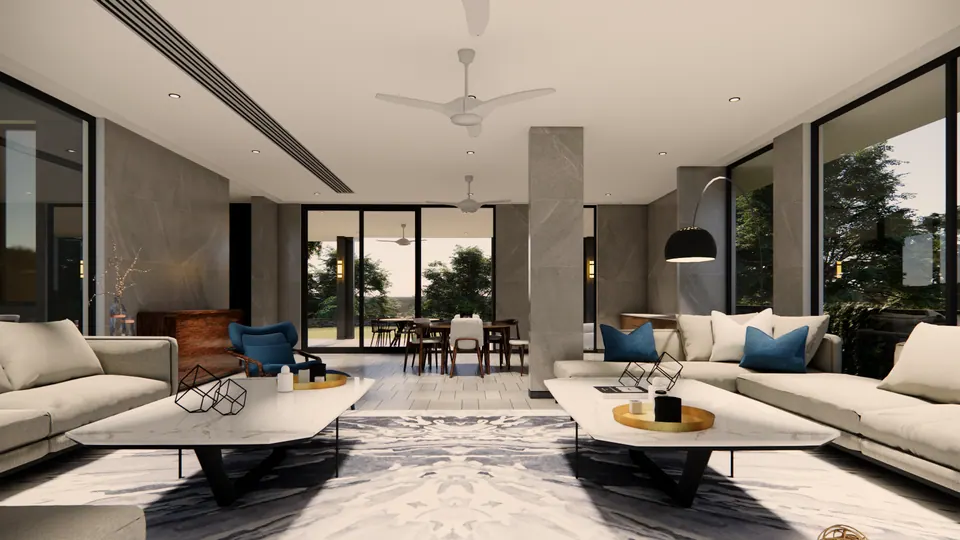 Rendered long living room: two sofas facing across marble tables, a stone-clad column and glazed walls on both sides