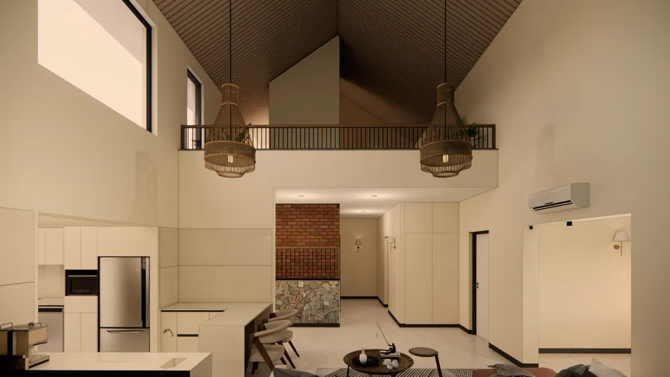 Rendered double-height kitchen and lounge under a sloping timber-lined ceiling, with a railed gallery and woven pendants