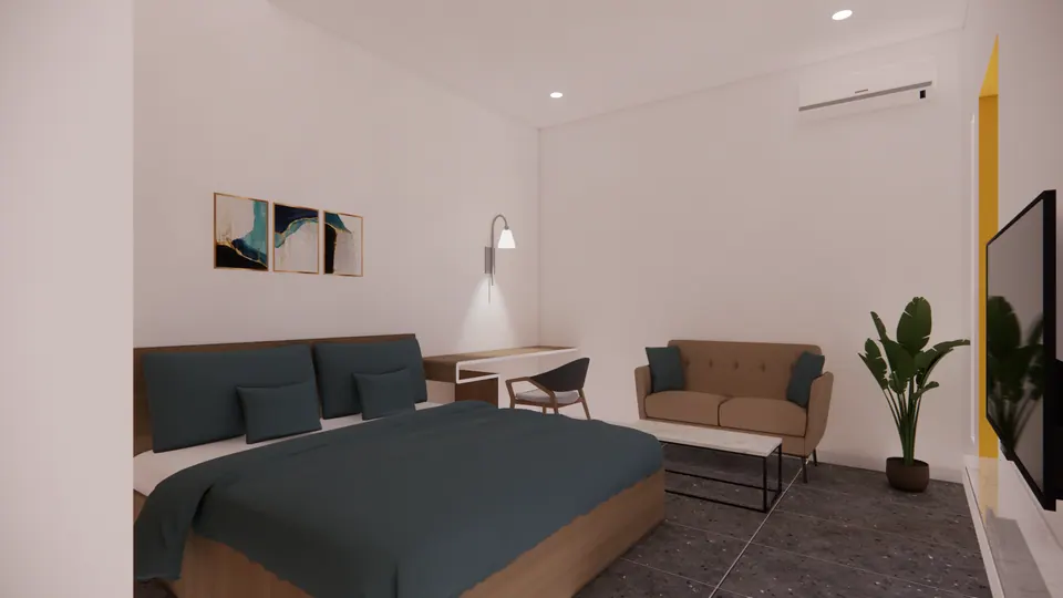 Rendered hostel room with a double bed, desk, tan two-seat sofa and plant, white walls and a dark stone-look floor