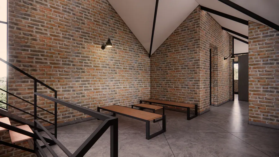 Rendered attic landing with timber benches under a pitched ceiling, the steel stair rail at the left