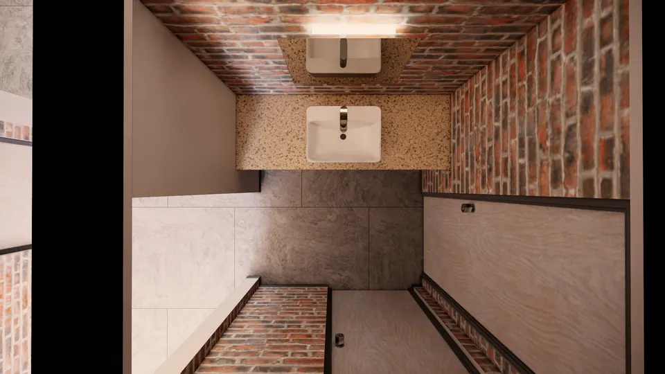 Rendered top-down view of a bathroom: two basins on a terrazzo counter, exposed-brick walls and a grey tiled floor