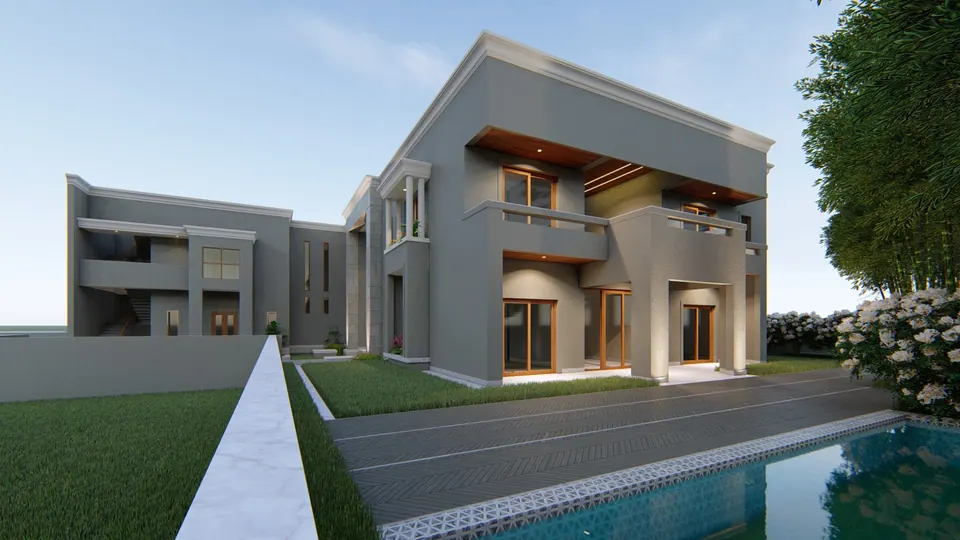Rendered garden side of the grey house with a timber-lined balcony, lawns, a marble edge strip and a lap pool