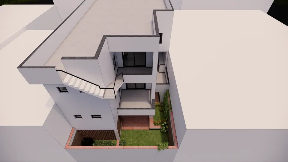 Rendered aerial view from the rear: an external stair to the roof, stacked terraces and a walled garden with a lawn and a brick jali screen