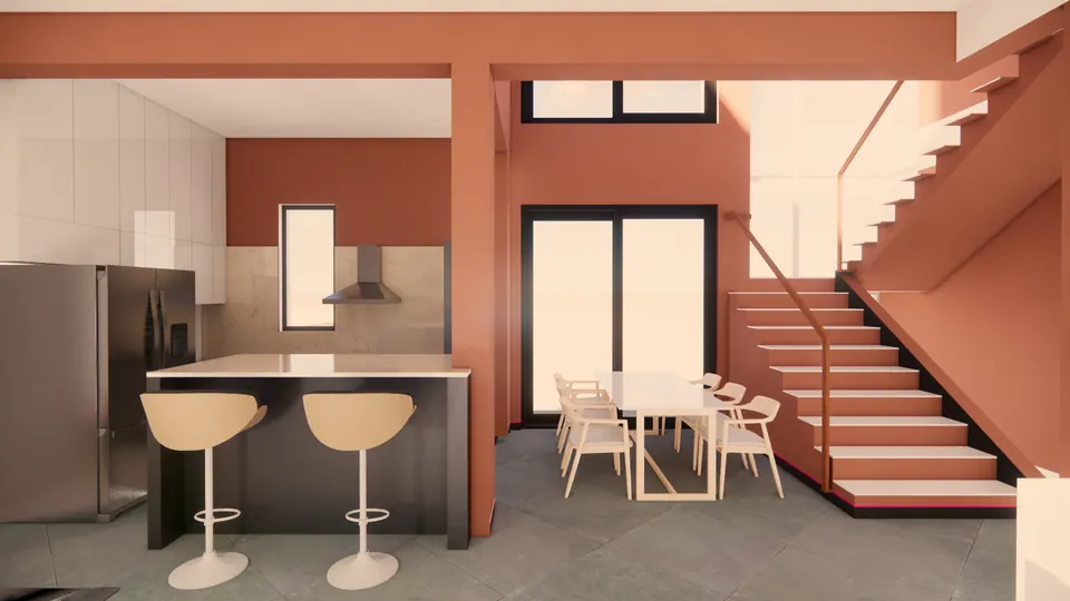 Rendered kitchen island with bar stools and a steel fridge, the dining table and a terracotta stair rising past a tall window