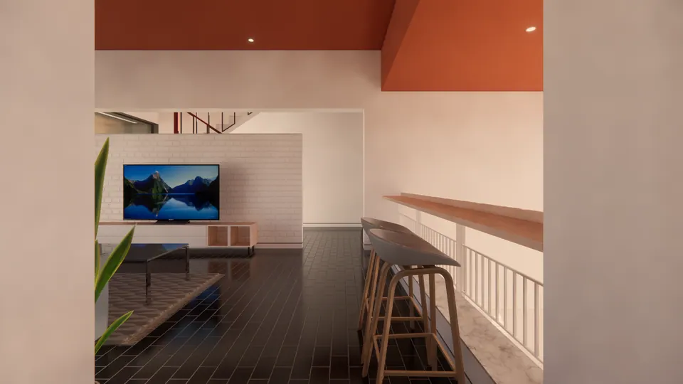 Rendered upper lounge with a TV on a white brick wall and stools at a counter along the railing
