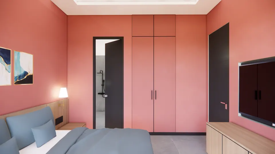 Rendered bedroom: bed with grey linen, a triptych, coral wardrobes and an open door to a bathroom with a shower