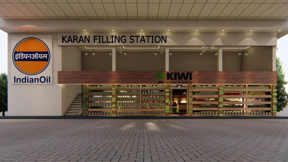 Rendered shopfront with timber shelving under a fuel-station canopy, the station's name board and an oil company logo