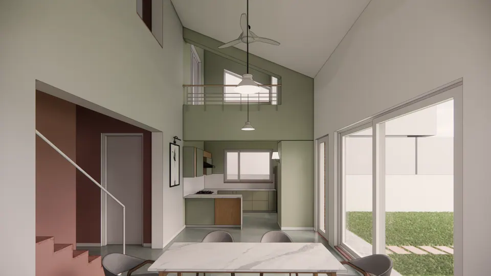 Rendered double-height space under a pitched ceiling: the kitchen beyond the dining table, a gallery railing and garden doors