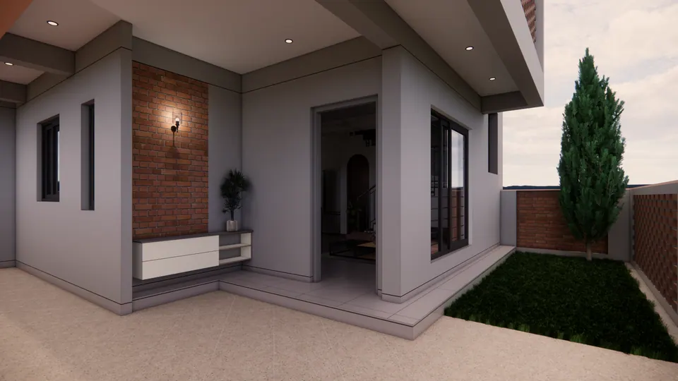 Rendered entrance porch with a brick-clad panel and console, glazed doors and a lawn with a cypress